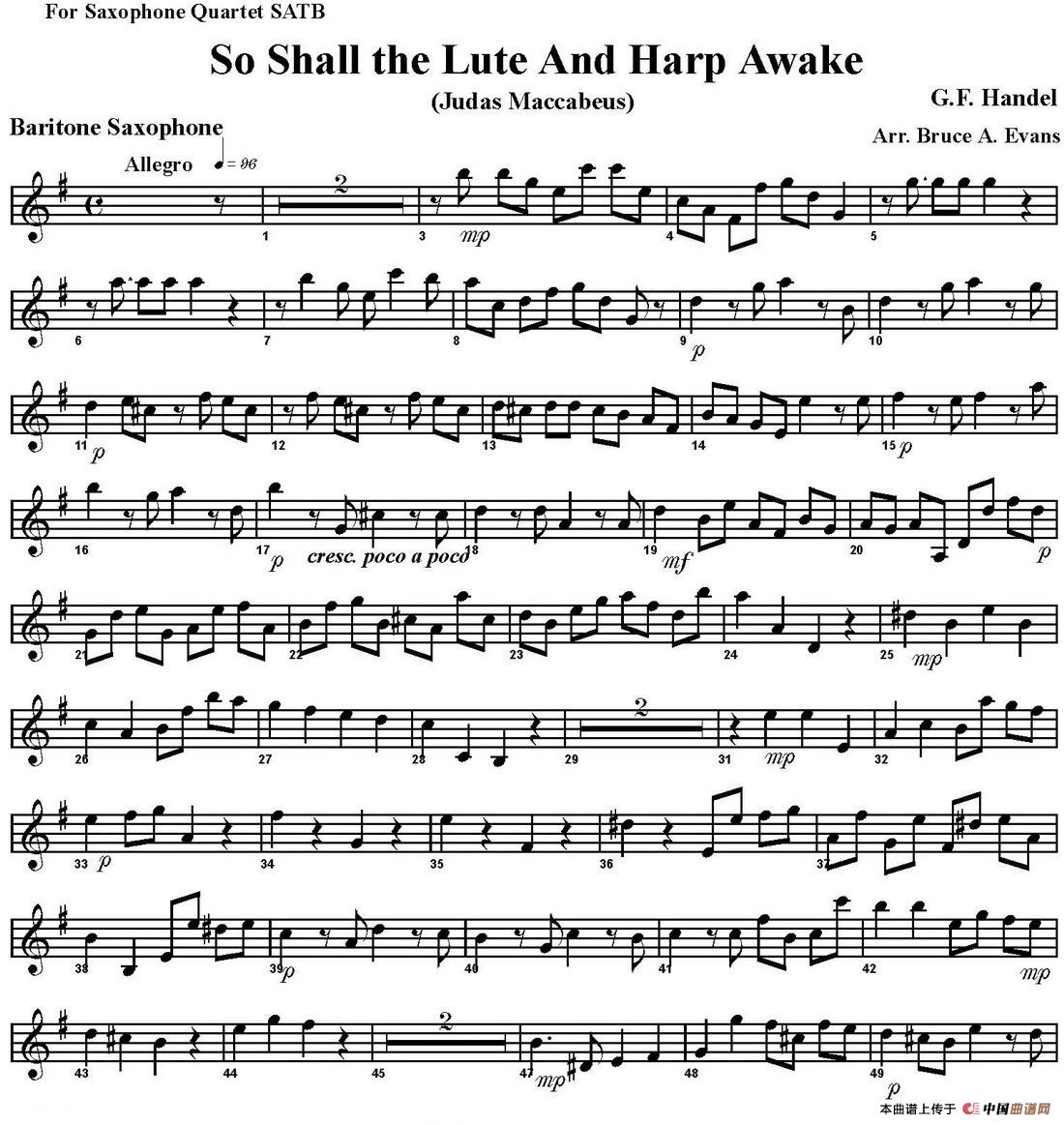 So Shall the Lute And Harp Awake（四重奏·上低音萨克斯分谱）